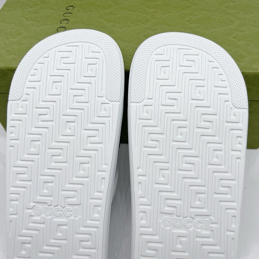 Gucci Men's Web ACE RUBBER Slide Sandals Pool White UK 12 US 12.5 NEW AUTHENTIC